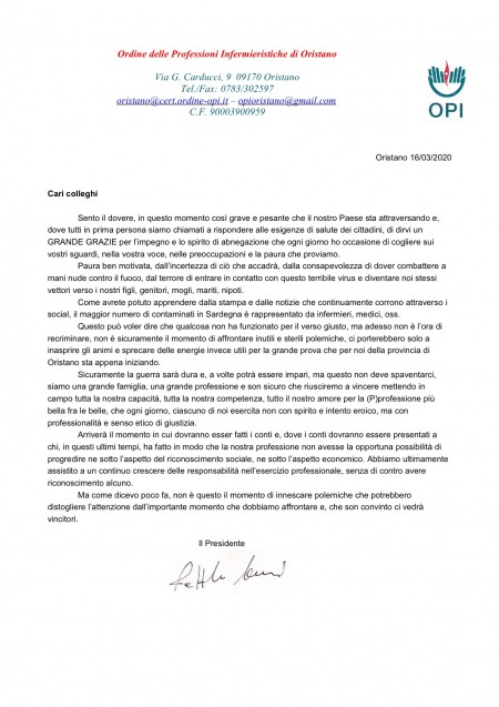 Lettera del Presidente Raffaele Secci